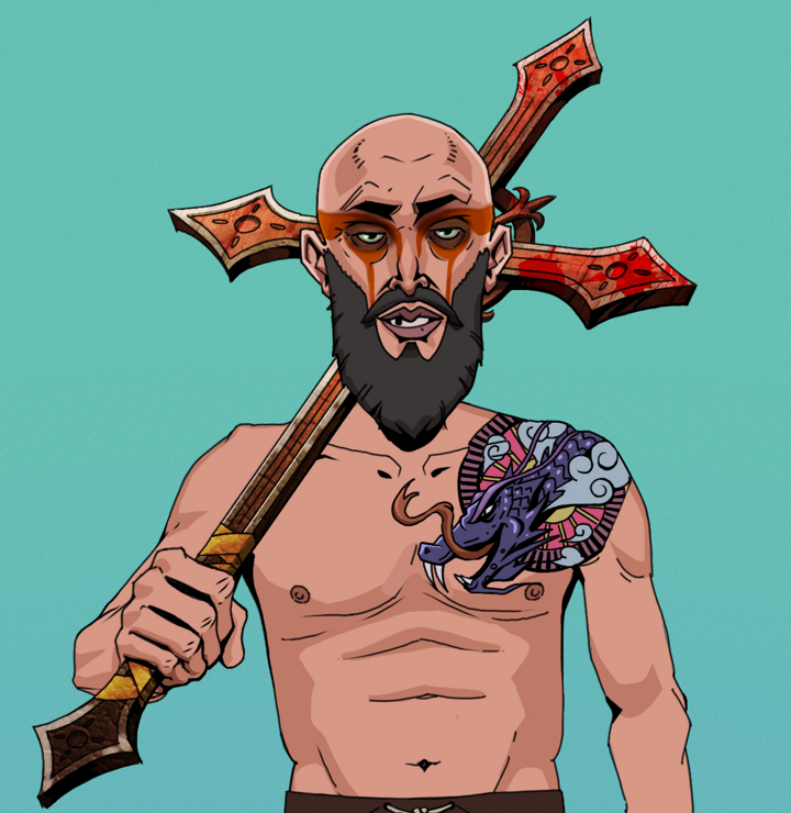 Oleg Of War — Degen Dojo NFT art (Shirtless Runt, Teal Daytime, Degens, Dragon Head Tattoo, Oleg Of War, Bald, Jesuit Bloody Cross, Mint)