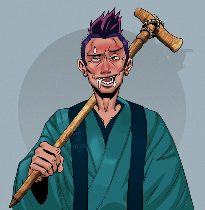 Yuuki — Degen Dojo NFT art (Shirtless Runt, Grey Mist, Degens, Dejen Apostate, Yuuki, Yakuza Hooligan, Wooden Walking Cane, Mint)