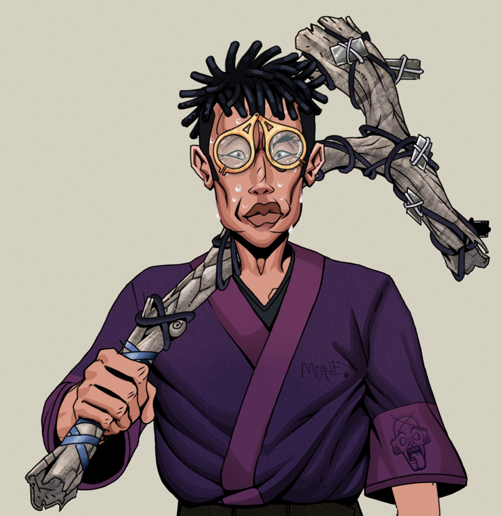 Stresshead Rin — Degen Dojo NFT art (Shirtless Runt, Warm Grey, Degens, Money Kimono, Stresshead Rin, Pocket Glasses, Black Bantu Knots, Large Branch, Mint)