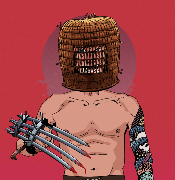 Yuuki — Degen Dojo NFT art (Shirtless Runt, Red High Moon, Degens, Skull Sleeve, Yuuki, Tengai Basket, Tekko-Kagi Claws, Mint)