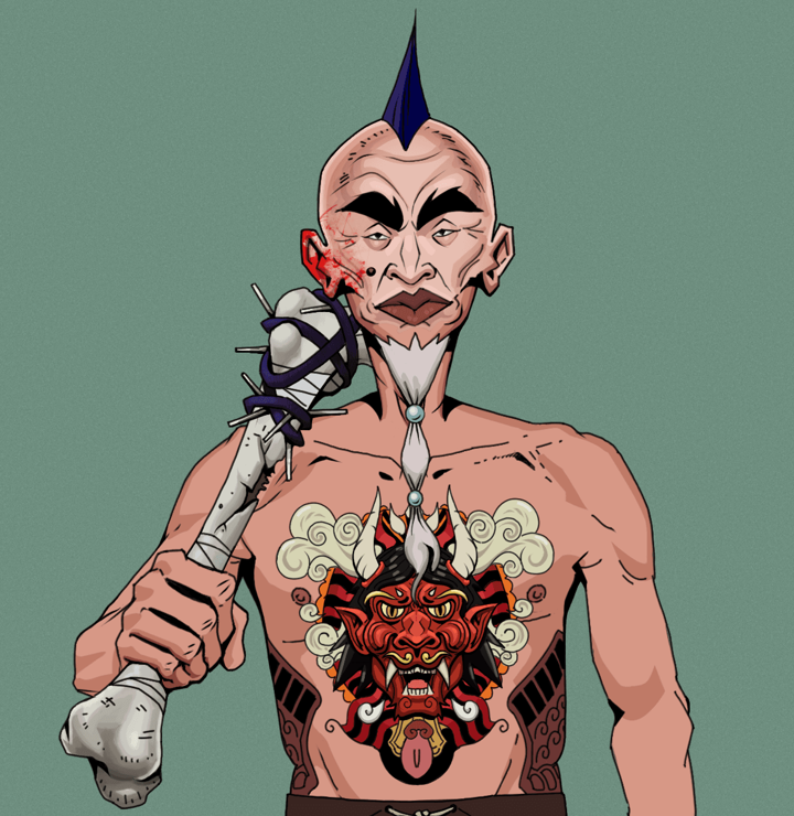 Yuji The Wise — Degen Dojo NFT art (Shirtless Runt, Olive Green, Degens, Red Oni Tattoo, Yuji The Wise, Mohawk Spike, Spiky Femur, Mint)