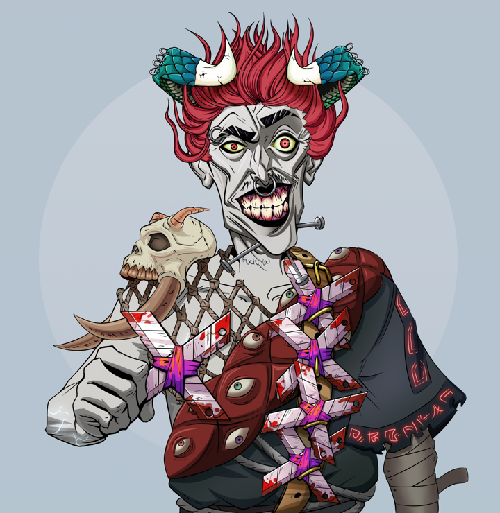 Junichiro — Degen Dojo NFT art (Shirtless Runt, Grey Mist, Demons, Village Leader, Junichiro, Grey Oni Horns, Shuriken Belt, Mint)