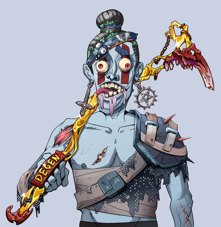 Drooling Azuma — Degen Dojo NFT art (Jesuit Crosses, Blue Evening, Demons, Dried Straw, Drooling Azuma, Shirtless Runt, Hair Bun, Golden Walking Cane, Mint)