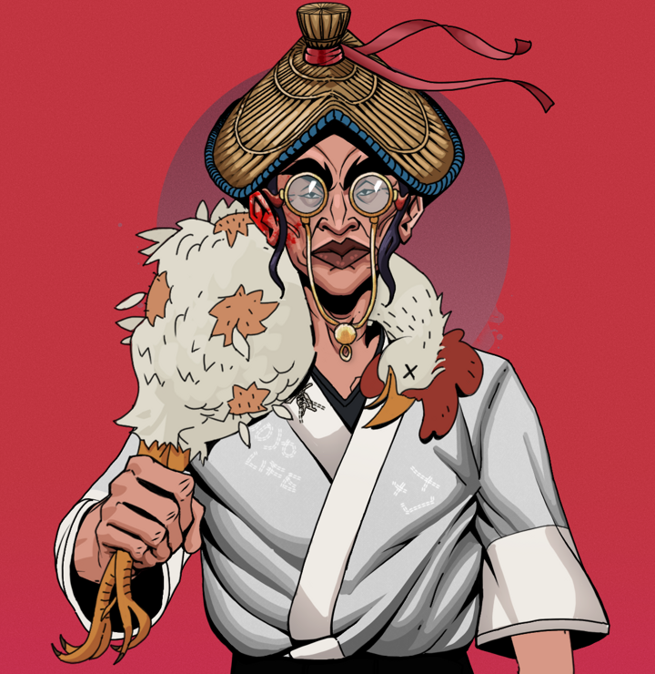 Young Yuji — Degen Dojo NFT art (Shirtless Runt, Red High Moon, Degens, No Honor Kimono, Young Yuji, Pompous Glasses, High Straw Rice Hat, Chicken, Mint)