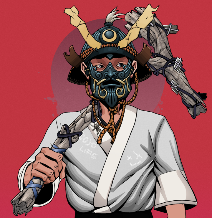 Masumi Steel — Degen Dojo NFT art (Shirtless Runt, Red High Moon, Degens, No Honor Kimono, Masumi Steel, Tatami Kabuto, Large Branch, Mint)