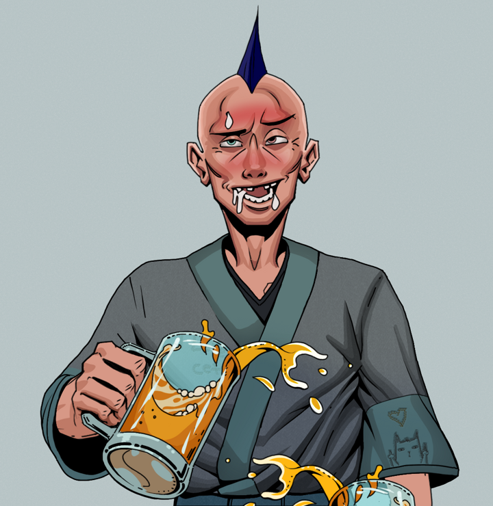 Yuuki — Degen Dojo NFT art (Shirtless Runt, Light Grey, Degens, Cet Kimono, Yuuki, Mohawk Spike, Beer Splash, Mint)