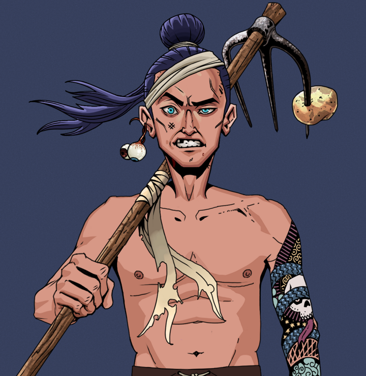 Akuma — Degen Dojo NFT art (Shaman Eyes, Blue Evening, Degens, Skull Sleeve, Akuma, Shirtless Runt, Long Flowing, Farmers Hoe, Mint)