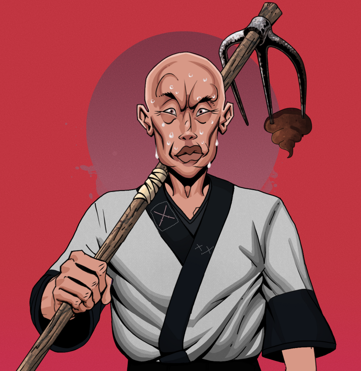 Stresshead Rin — Degen Dojo NFT art (Shirtless Runt, Red High Moon, Degens, Puppy Kimono, Stresshead Rin, Bald, Poop Cleaner Hoe, Mint)