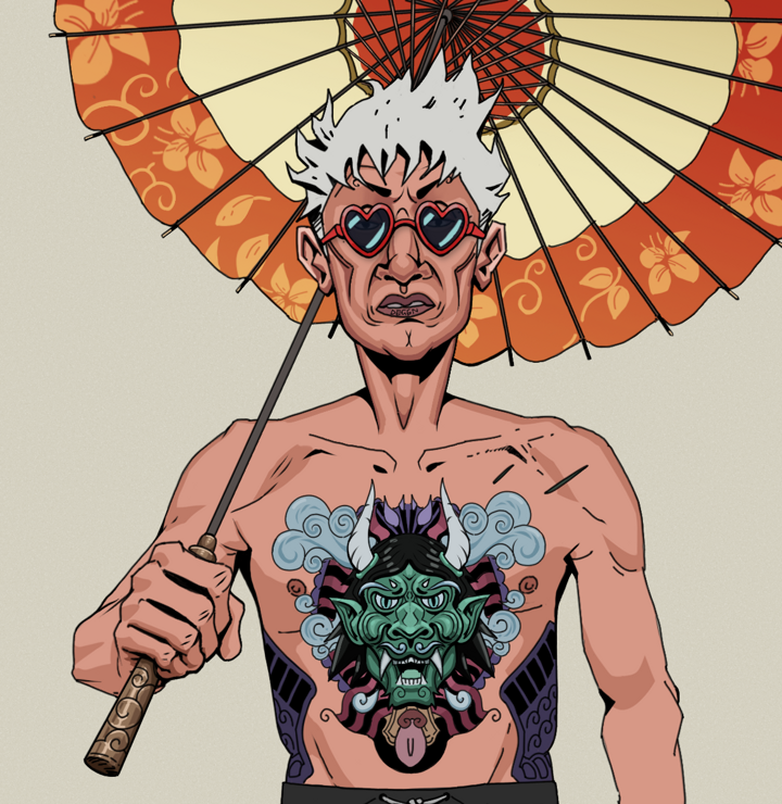 Goro — Degen Dojo NFT art (Shirtless Runt, Warm Grey, Degens, Blue Oni Tattoo, Goro, Loveheart Shades, Short Spiky Grey, Floral Parasol, Mint)