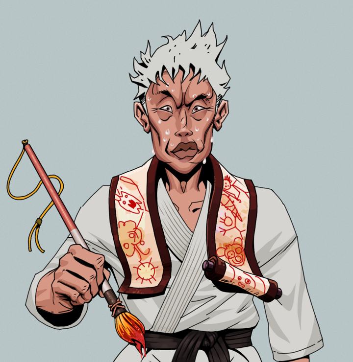 Stresshead Rin — Degen Dojo NFT art (Shirtless Runt, Light Grey, Degens, Student Gi, Stresshead Rin, Short Spiky Grey, Paintbrush, Mint)