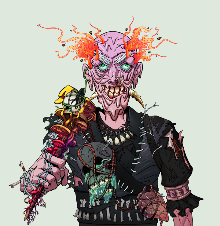 Assassin Fuzen — Degen Dojo NFT art (Shaman Eyes, Olive Green, Demons, Warlock Wannabe, Assassin Fuzen, Shirtless Runt, Red Heihachi, Rusty Nail, Mint)