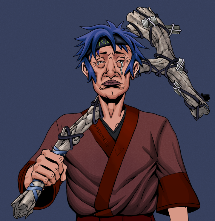 Teary Goro — Degen Dojo NFT art (Shirtless Runt, Blue Evening, Degens, Proud Dejen Kimono, Teary Goro, Bum Headband Ruffian, Large Branch, Mint)
