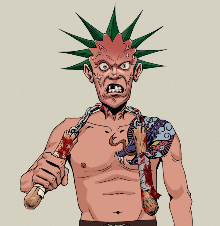 Angry Ikari — Degen Dojo NFT art (Shirtless Runt, Warm Grey, Degens, Dragon Head Tattoo, Angry Ikari, Zapachi, Bloody Nunchucks, Mint)