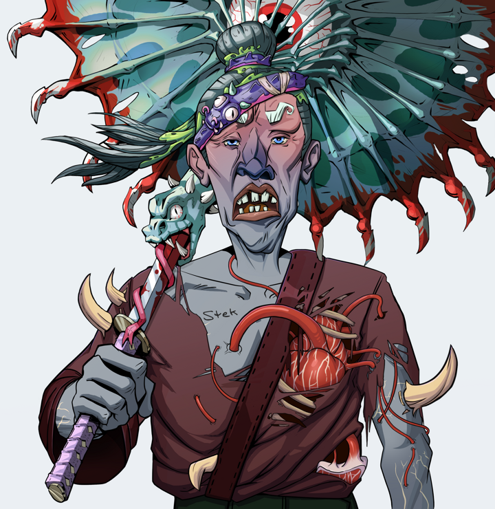 Goro — Degen Dojo NFT art (Shirtless Runt, Light Grey, Demons, Proud Dejen Kimono, Goro, Long Flowing, Floral Parasol, Mint)