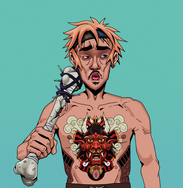 Masumi Steel — Degen Dojo NFT art (Shirtless Runt, Teal Daytime, Degens, Red Oni Tattoo, Masumi Steel, Tiger Headband Ruffian, Spiky Femur, Mint)