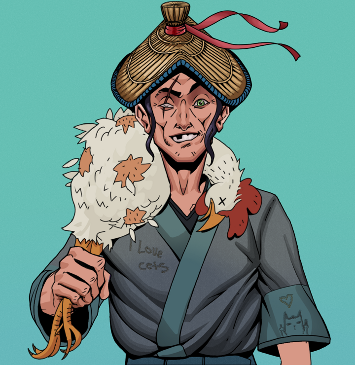 One-Eyed Itsuki — Degen Dojo NFT art (Shirtless Runt, Teal Daytime, Degens, Cet Kimono, One-Eyed Itsuki, High Straw Rice Hat, Chicken, Mint)