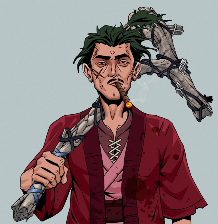 Raikou The Stoner — Degen Dojo NFT art (Shirtless Runt, Light Grey, Degens, Red Warrior Kimono, Raikou The Stoner, Messy Ponytail, Large Branch, Mint)