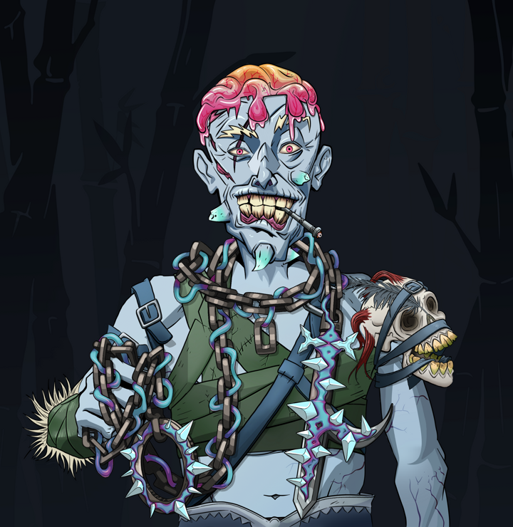 One-Eyed Itsuki — Degen Dojo NFT art (Shirtless Runt, Night Forest, Demons, Strap On Geta, One-Eyed Itsuki, Rock Lee, Heavy Kyoketsu, Mint)