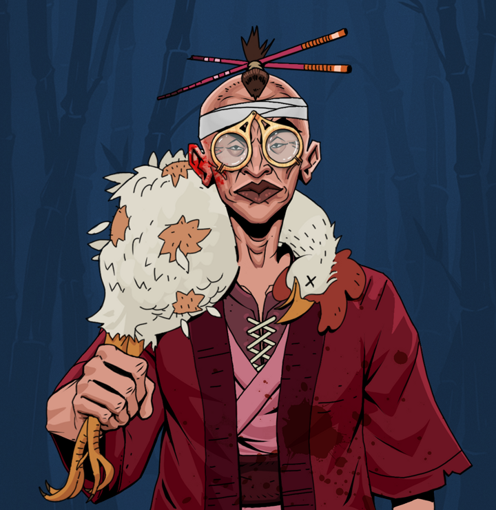 Young Yuji — Degen Dojo NFT art (Shirtless Runt, Night Forest, Degens, Red Warrior Kimono, Young Yuji, Pocket Glasses, Hair Bun With Chopsticks, Chicken, Mint)