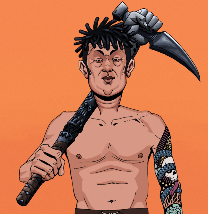 Fat Bob — Degen Dojo NFT art (Shirtless Runt, Orange Afternoon, Degens, Skull Sleeve, Fat Bob, Black Bantu Knots, Stone Fist-Sickle, Mint)