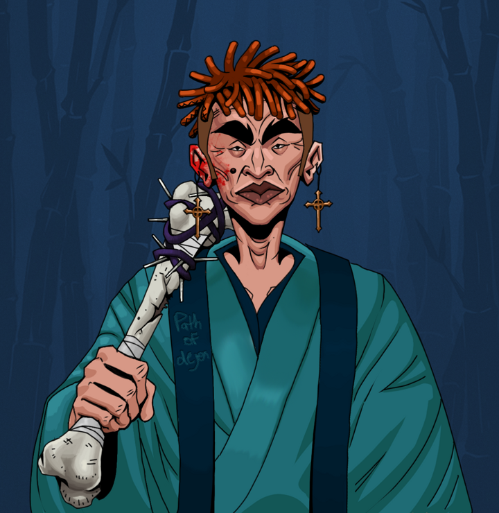 Young Yuji — Degen Dojo NFT art (Jesuit Crosses, Night Forest, Degens, Dejen Apostate, Young Yuji, Shirtless Runt, Orange Bantu Knots, Spiky Femur, Mint)