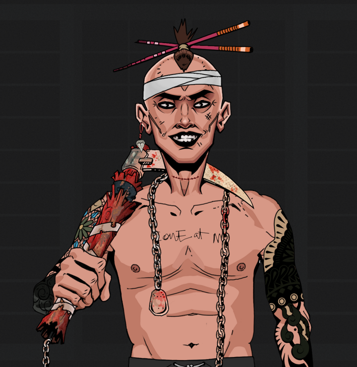 Junichiro Reborn — Degen Dojo NFT art (Shark Tooth, Shoji Night, Degens, Black Yakuza Sleeves, Junichiro Reborn, Shirtless Runt, Hair Bun With Chopsticks, Rusty Kusarigama, Mint)