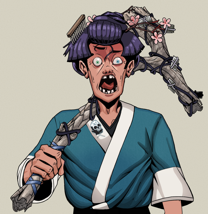 Tokuda — Degen Dojo NFT art (Shirtless Runt, Warm Grey, Degens, Skull Kimono, Tokuda, Disheveled Geisha, Large Branch, Mint)