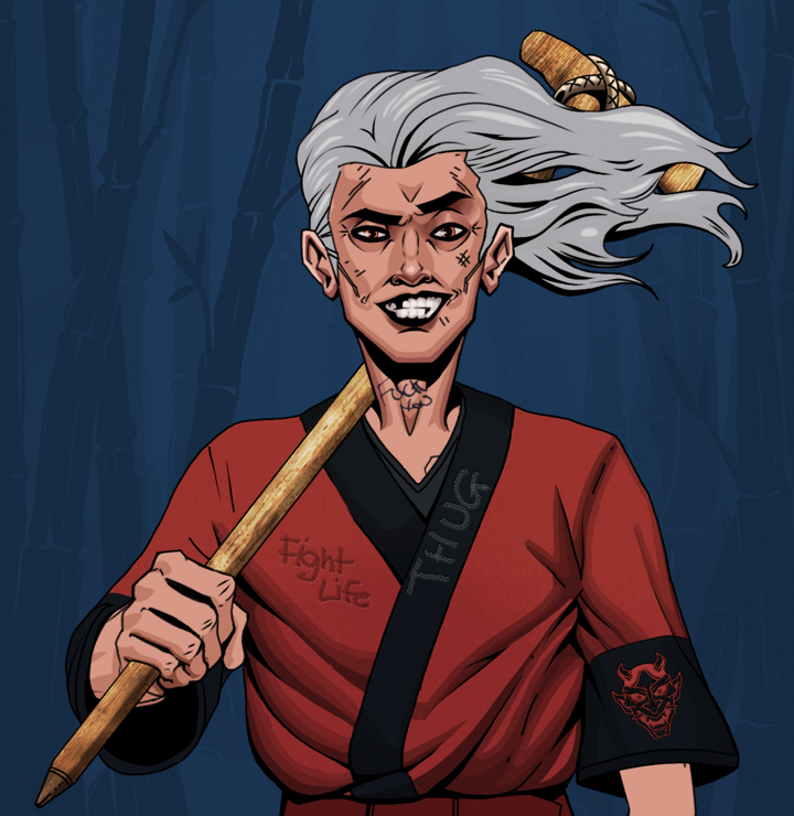 Junichiro — Degen Dojo NFT art (Shirtless Runt, Night Forest, Degens, Red Oni Kimono, Junichiro, Wise Greatness, Wooden Walking Cane, Mint)