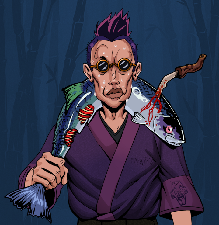Stresshead Rin — Degen Dojo NFT art (Shirtless Runt, Night Forest, Degens, Money Kimono, Stresshead Rin, Dark Spectacles, Yakuza Hooligan, Dead Fish, Mint)