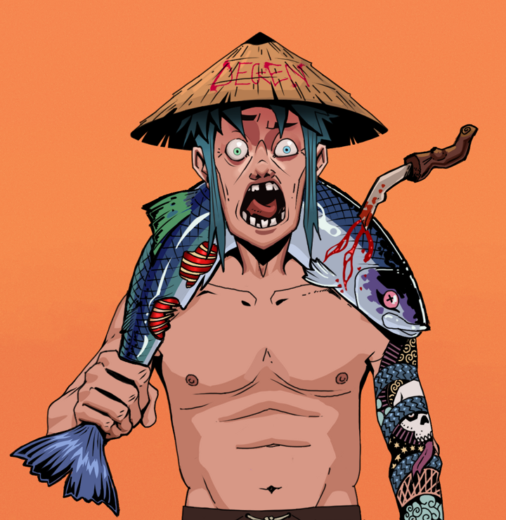 Tokuda — Degen Dojo NFT art (Shirtless Runt, Orange Afternoon, Degens, Skull Sleeve, Tokuda, Degen Graffiti Rice Hat, Dead Fish, Mint)