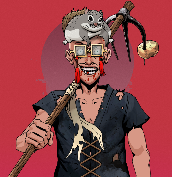 Assassin Fuzen — Degen Dojo NFT art (Shirtless Runt, Red High Moon, Degens, Black Peasant Sack, Assassin Fuzen, Shoji Tassel Glasses, Mr. Momonga Hat, Farmers Hoe, Mint)
