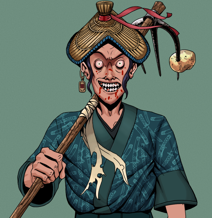 Assassin Fuzen — Degen Dojo NFT art (Dojo Paper Earring, Olive Green, Degens, Katanajamas Kimono, Assassin Fuzen, Shirtless Runt, High Straw Rice Hat, Farmers Hoe, Mint)