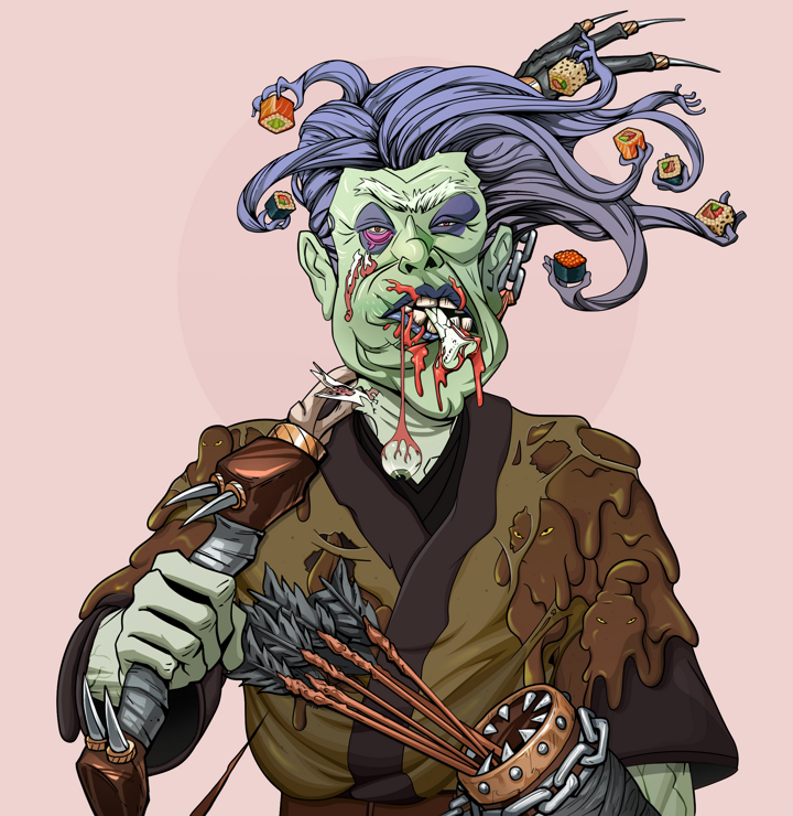 Fatty Bobsticks — Degen Dojo NFT art (Shirtless Runt, Red High Moon, Demons, Poop Pride Kimono, Fatty Bobsticks, Flowing Battousai, Runed Yumi, Mint)