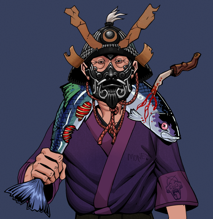 Fat Bob — Degen Dojo NFT art (Shirtless Runt, Blue Evening, Degens, Money Kimono, Fat Bob, Black Iron Kabuto, Dead Fish, Mint)