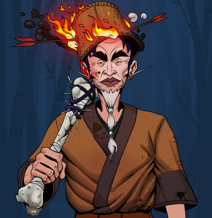 Yuji The Wise — Degen Dojo NFT art (Nails, Night Forest, Degens, Poop Pride Kimono, Yuji The Wise, Shirtless Runt, Burning Basket, Spiky Femur, Mint)