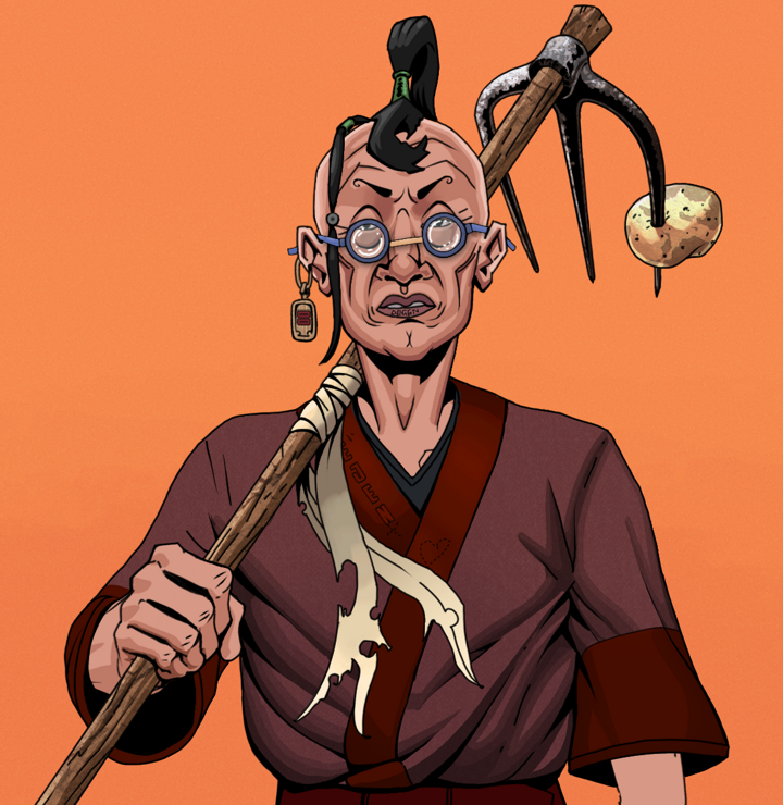 Goro — Degen Dojo NFT art (Dojo Paper Earring, Orange Afternoon, Degens, Proud Dejen Kimono, Goro, Spectacles, Dejen Samurai, Farmers Hoe, Mint)