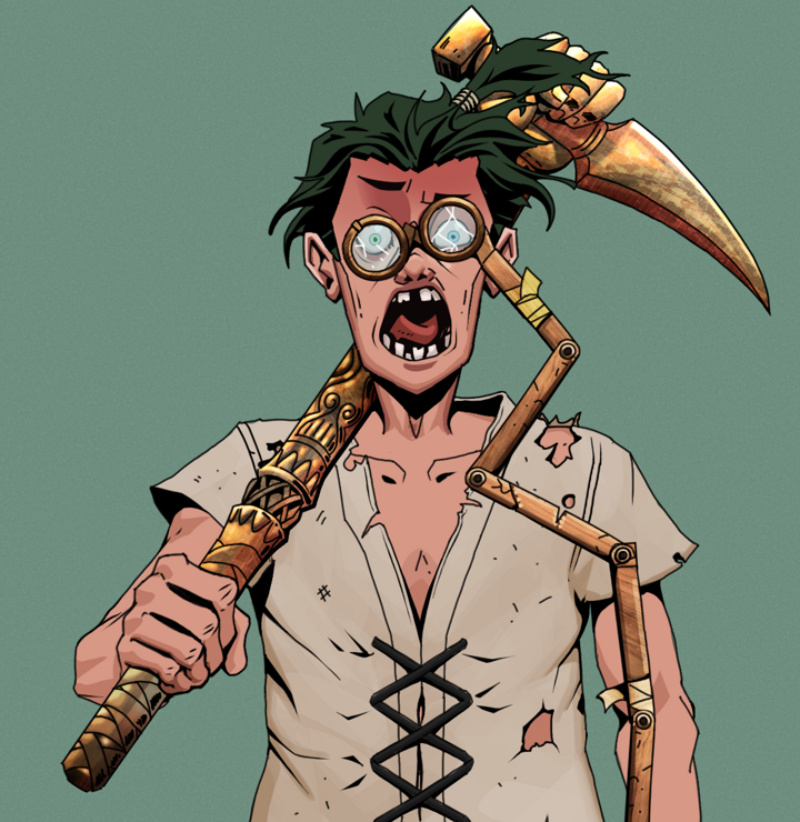 Tokuda — Degen Dojo NFT art (Shirtless Runt, Olive Green, Degens, Rice Sack Rags, Tokuda, Telescopic Glasses, Messy Ponytail, Bronze Fisted Sickle, Mint)