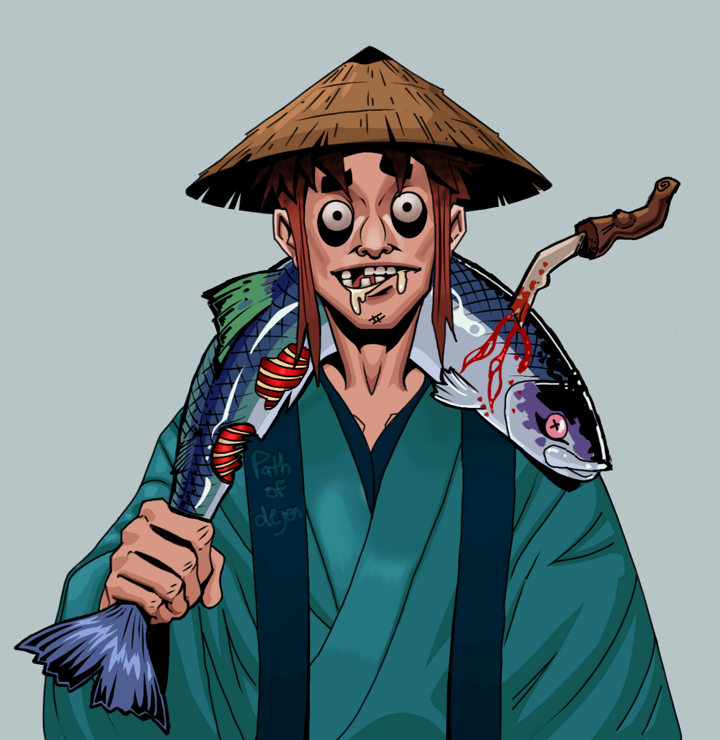 Drooling Azuma — Degen Dojo NFT art (Shirtless Runt, Light Grey, Degens, Dejen Apostate, Drooling Azuma, Rice Hat, Dead Fish, Mint)