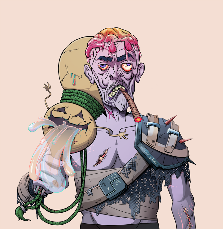 Raikou The Stoner — Degen Dojo NFT art (Shirtless Runt, Orange Afternoon, Demons, Dried Straw, Raikou The Stoner, Rock Lee, Giant Sake Bottle, Mint)