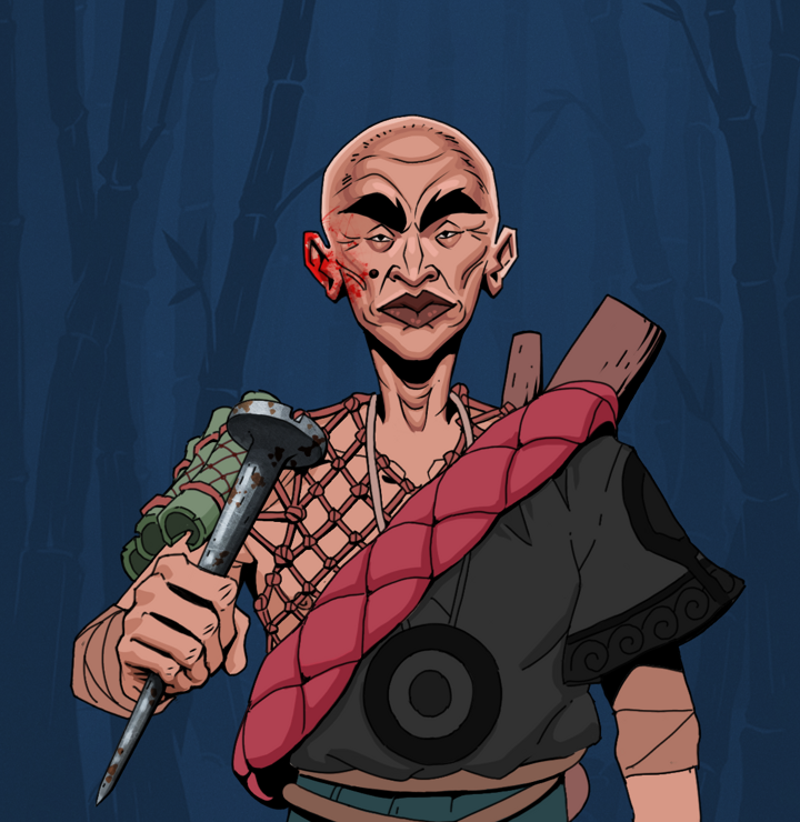 Young Yuji — Degen Dojo NFT art (Shirtless Runt, Night Forest, Degens, Village Leader, Young Yuji, Bald, Rusty Nail, Mint)