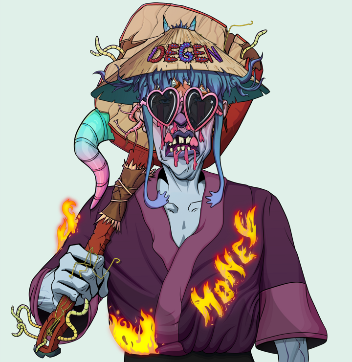 Teary Goro — Degen Dojo NFT art (Tassel, Teal Daytime, Demons, Money Kimono, Teary Goro, Loveheart Shades, Degen Graffiti Rice Hat, Shamisen, Mint)