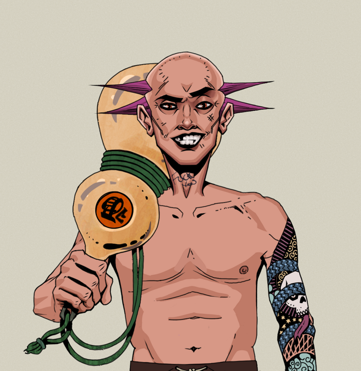 Junichiro — Degen Dojo NFT art (Shirtless Runt, Warm Grey, Degens, Skull Sleeve, Junichiro, Dejen Mohawk, Giant Sake Bottle, Mint)