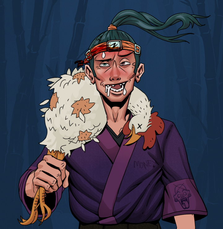 Yuuki — Degen Dojo NFT art (Shirtless Runt, Night Forest, Degens, Money Kimono, Yuuki, Green Bandana, Chicken, Mint)