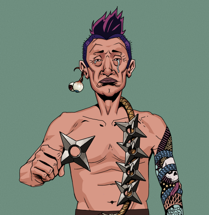 Teary Goro — Degen Dojo NFT art (Shaman Eyes, Olive Green, Degens, Skull Sleeve, Teary Goro, Shirtless Runt, Yakuza Hooligan, Shuriken Belt, Mint)