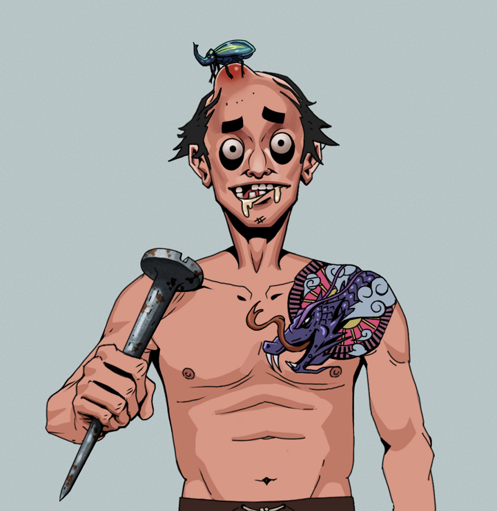 Drooling Azuma — Degen Dojo NFT art (Shirtless Runt, Light Grey, Degens, Dragon Head Tattoo, Drooling Azuma, Kung Fu Beetle, Rusty Nail, Mint)
