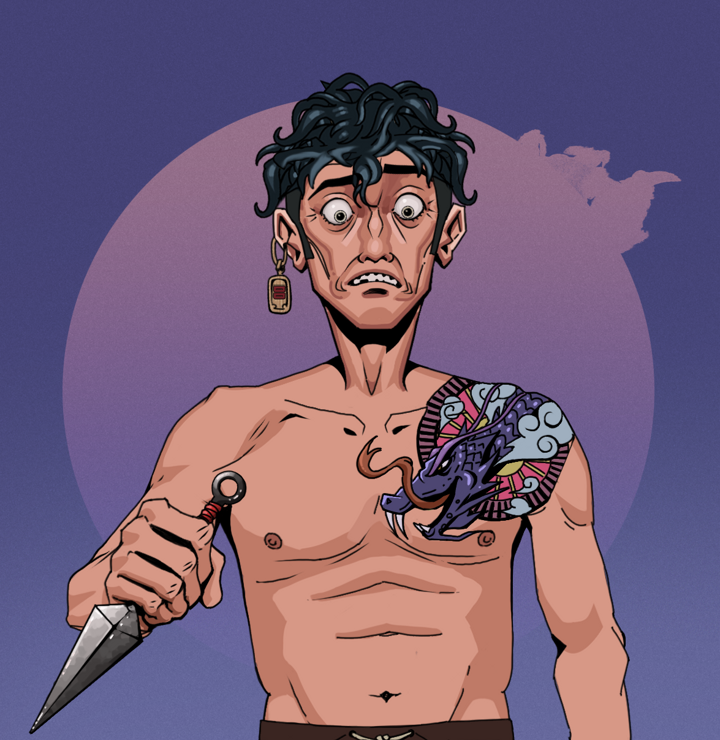 Shitless Botan — Degen Dojo NFT art (Dojo Paper Earring, Purple Night, Degens, Dragon Head Tattoo, Shitless Botan, Shirtless Runt, Messy, Kunai, Mint)