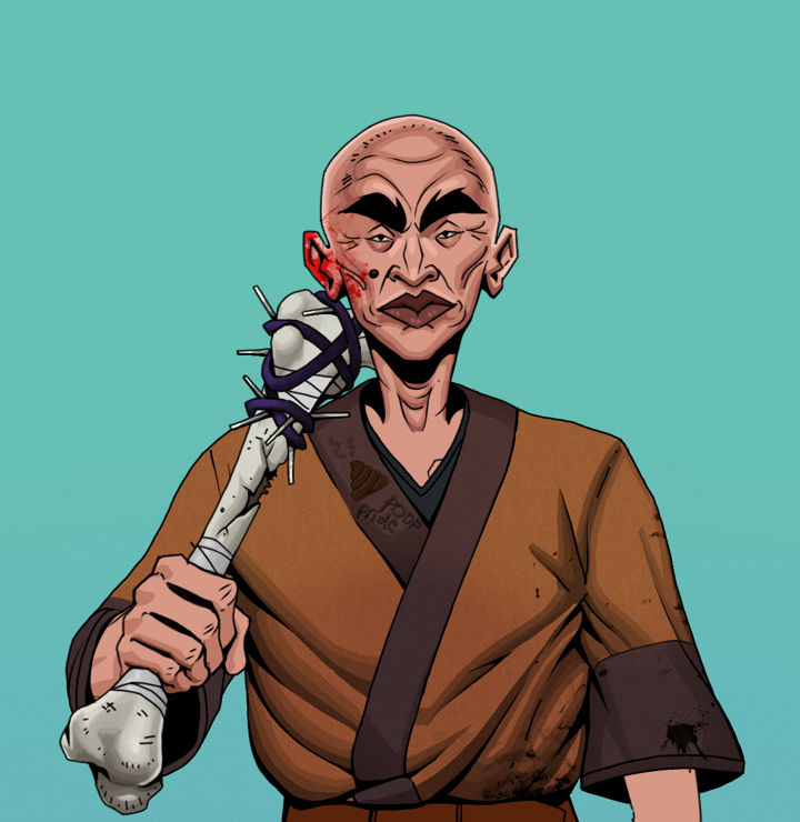 Young Yuji — Degen Dojo NFT art (Shirtless Runt, Teal Daytime, Degens, Poop Pride Kimono, Young Yuji, Bald, Spiky Femur, Mint)