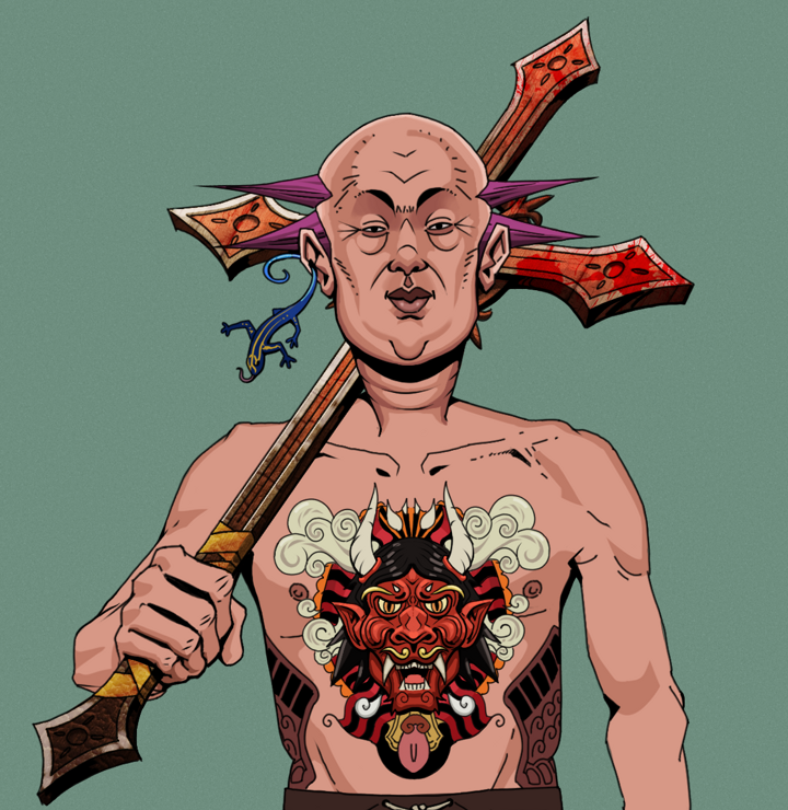 Fat Bob — Degen Dojo NFT art (Lizard, Olive Green, Degens, Red Oni Tattoo, Fat Bob, Shirtless Runt, Dejen Mohawk, Jesuit Bloody Cross, Mint)