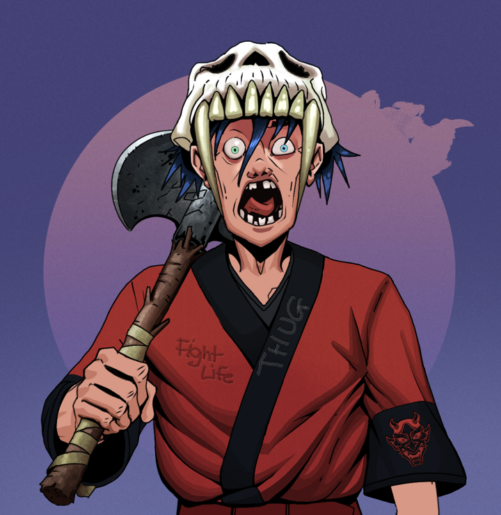 Tokuda — Degen Dojo NFT art (Shirtless Runt, Purple Night, Degens, Red Oni Kimono, Tokuda, Sabertooth Skull, Axe, Mint)