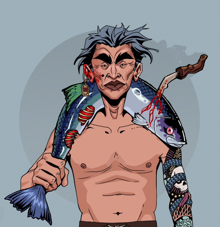 Young Yuji — Degen Dojo NFT art (Dojo Paper Earring, Grey Mist, Degens, Skull Sleeve, Young Yuji, Shirtless Runt, Wavy, Dead Fish, Mint)
